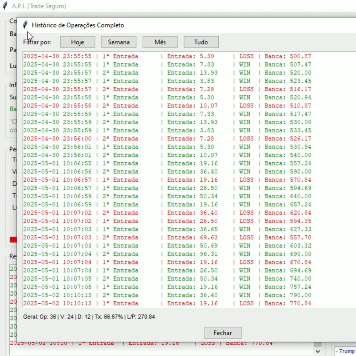Histórico de Operações - A.P.I. | Trade Seguro