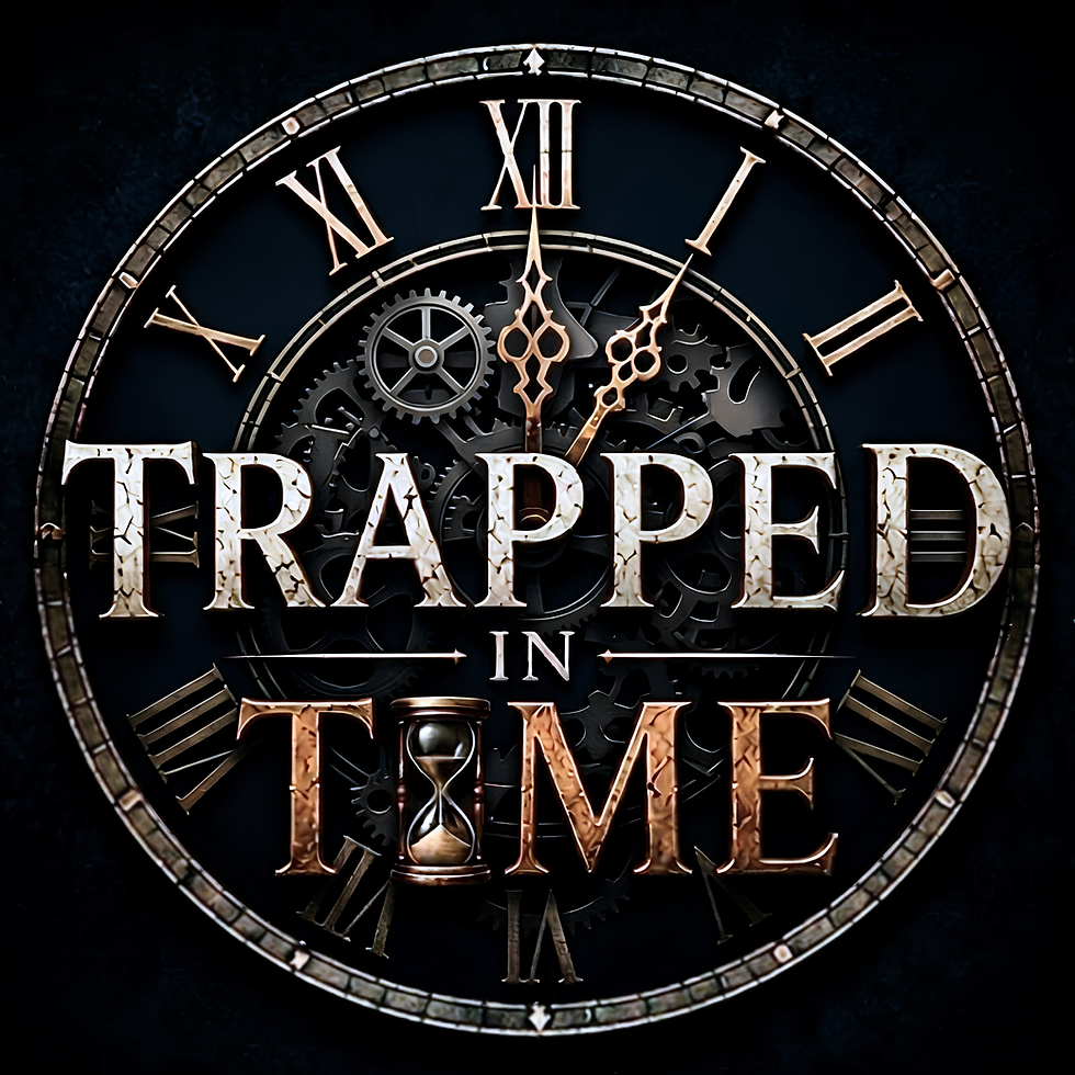 Trapped In Time Logo - Black background with gold and bronze roman numeral clock and trapped in time written within it