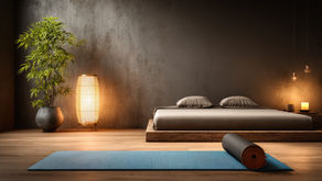 A serene bedroom with a low wooden bed, gray bedding, a large potted plant, lamp, candles, and a rolled yoga mat on a blue mat. Warm lighting.