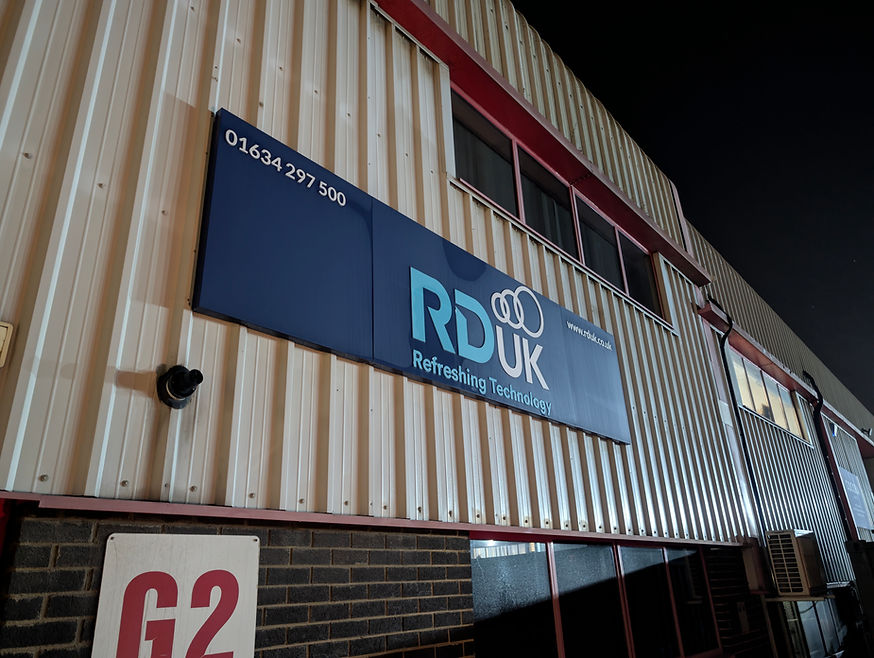 RD UK Refurbishing & Demolition sign on industrial building with 01434 297 500.