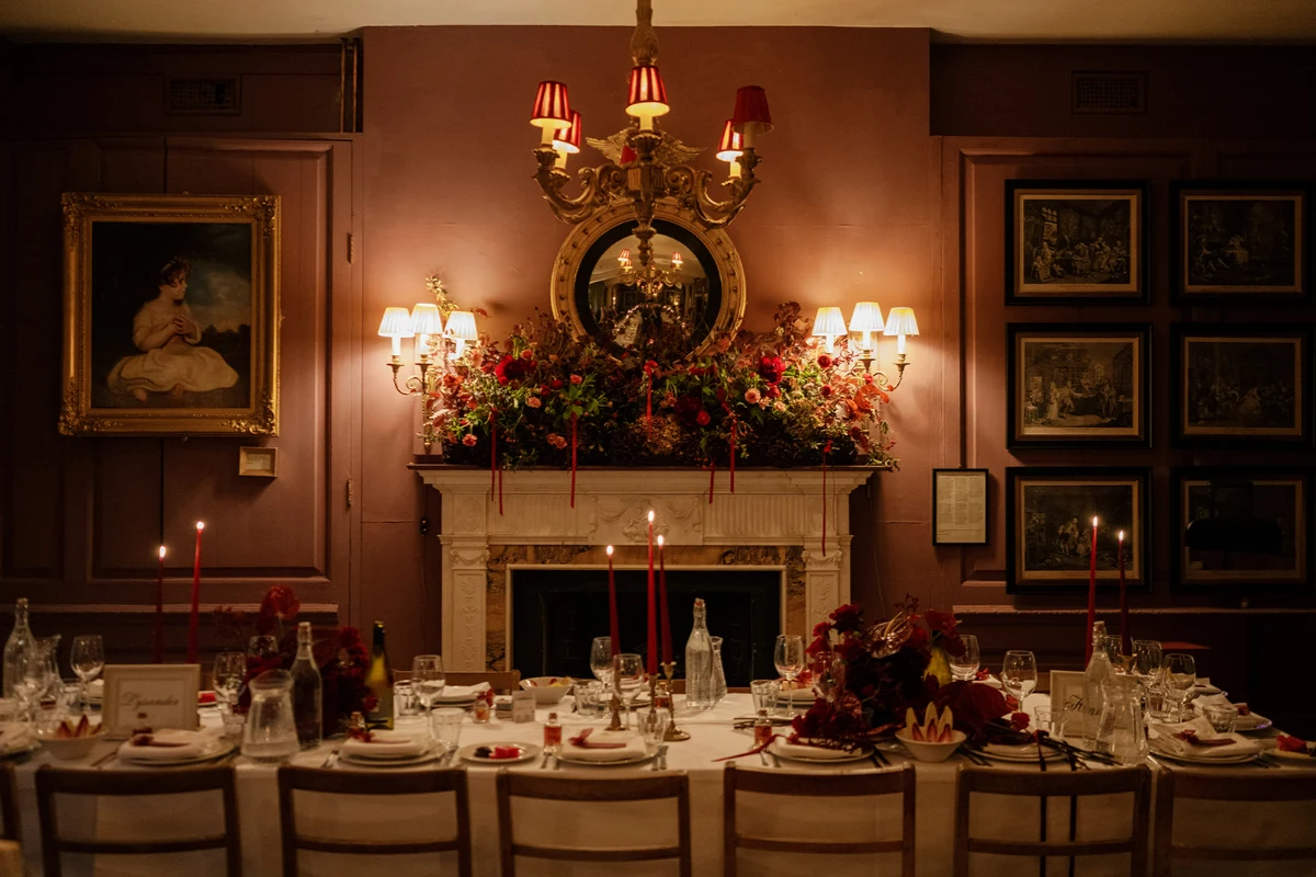 A table set for an intimate wedding breakfast at Brunswick House, London.