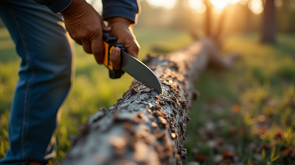 Close-up view of a tree branch being carefully cut during crown reduction