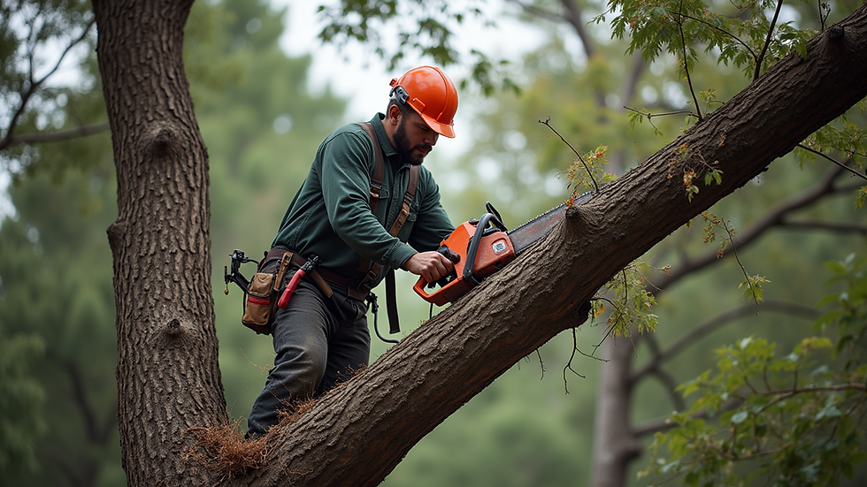 Wide angle view of a tree surgeon using a chainsaw to remove a large branch