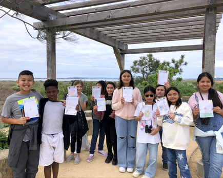 Group of students holding up their nature illustrations from inspiration at the San Diego Bay National Wildlife Refuge