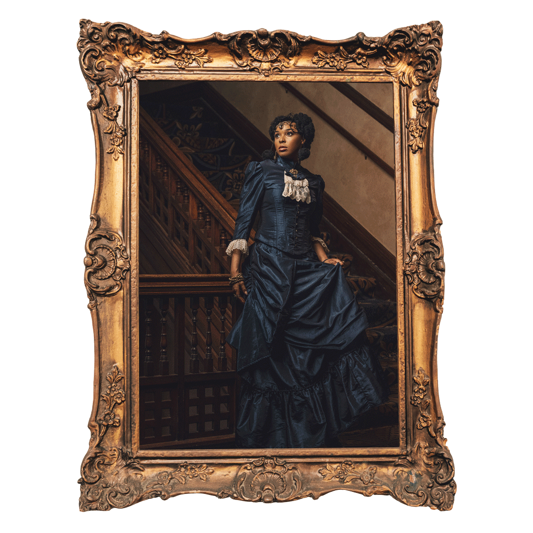 Framed photo of woman in vintage-style clothing standing on stairs