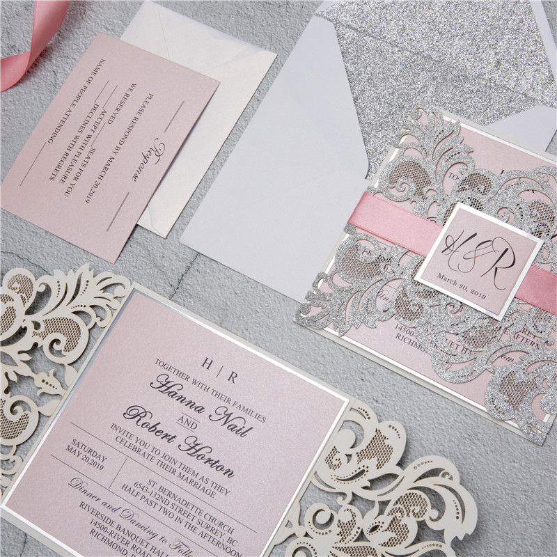 Thumbnail: Gorgeous Lace Glitter Paper Laser Cut Wedding Invite