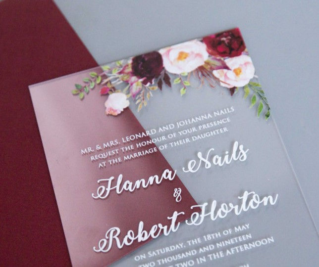 Thumbnail: Colorful Burgundy Floral Acrylic Invitation UV Printing 2mm