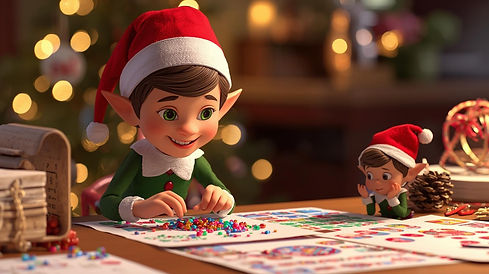 un lutin de noel qui fait des activité motricité fine sur des feuille avec dautre petit lu