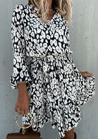 Black Cream Printed Ruffled Tie Elastic Cuff Mini Dress