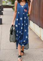 Summer Outfits American Flag Star Pocket Sleeveless Maxi Dress