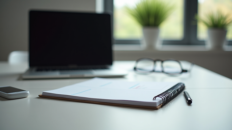 Eye-level view of a tidy office desk with a laptop and planner