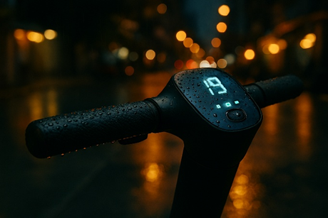 Close-up of a wet electric scooter handlebar with a glowing display showing "19". Blurred city lights create a moody evening backdrop.