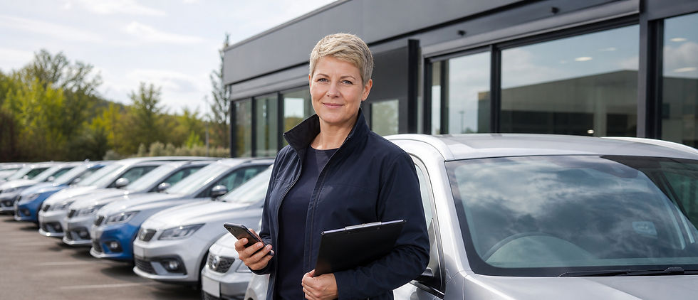 A woman stands confidently with a clipboard and phone in a car dealership lot.