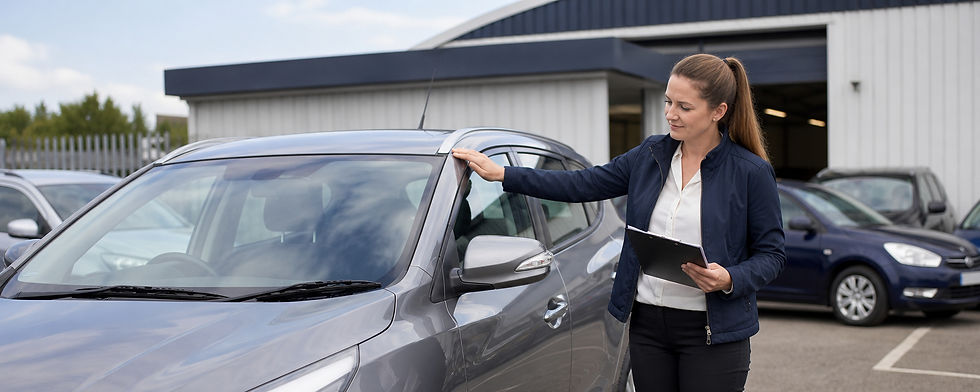 Woman inspecting a car with a clipboard at an outdoor dealership.