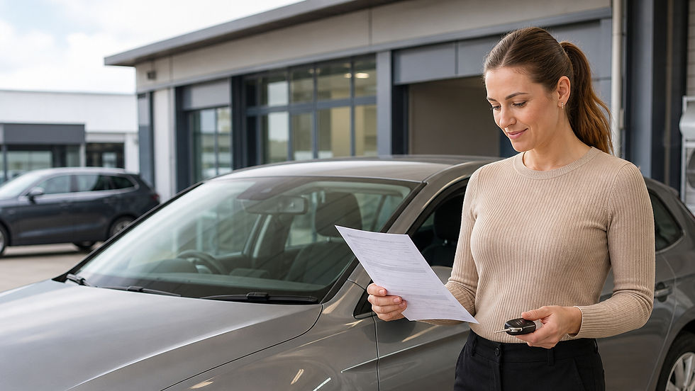 A woman examines paperwork while holding car keys next to a silver car in a showroom.