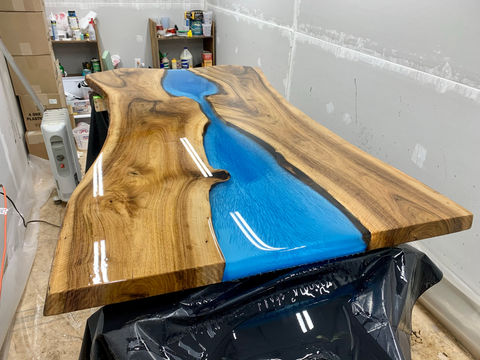 blue epoxy river wood slab