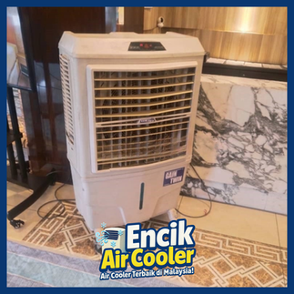 Air cooler price in Malaysia shown beside boxed units in a retail display.