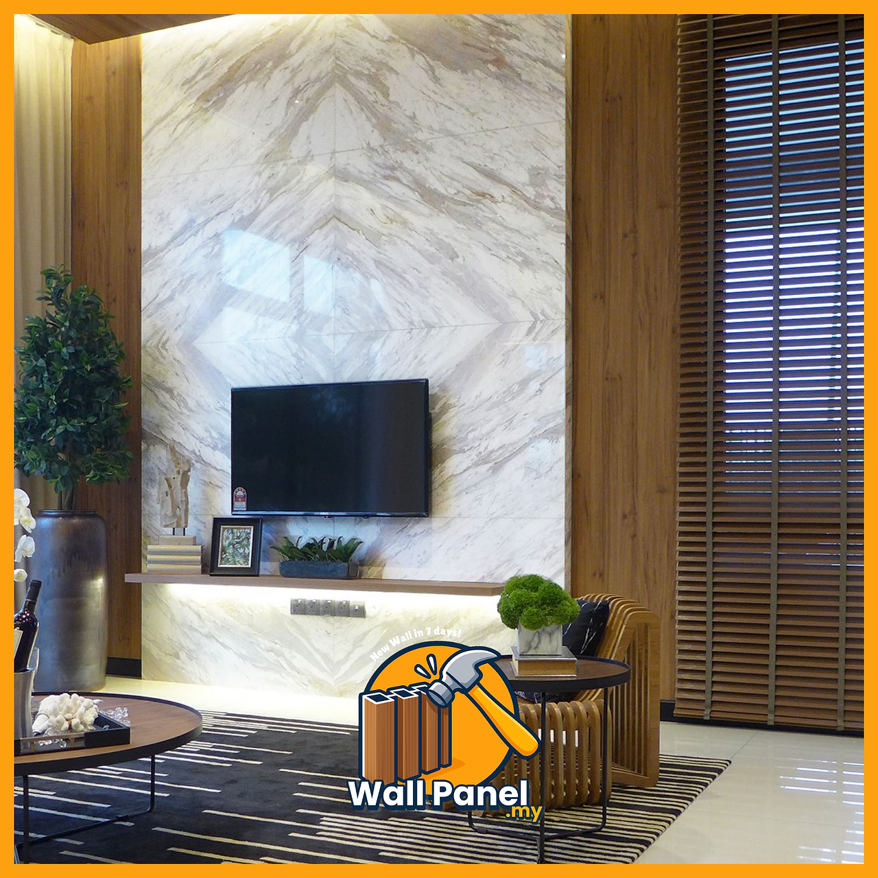 TV wall panel design with LED backlight in modern living room