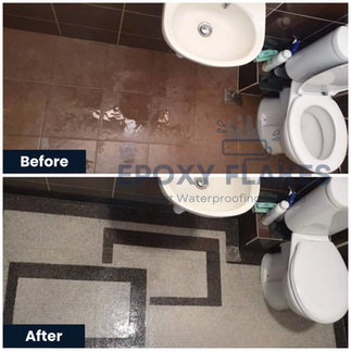Epoxy waterproofing flake coating applied on a suspended toilet floor in Malaysia.