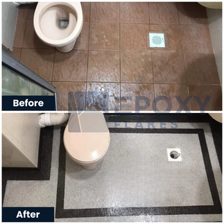 Epoxy colour flakes being scattered evenly across a wet base coat in Malaysia.