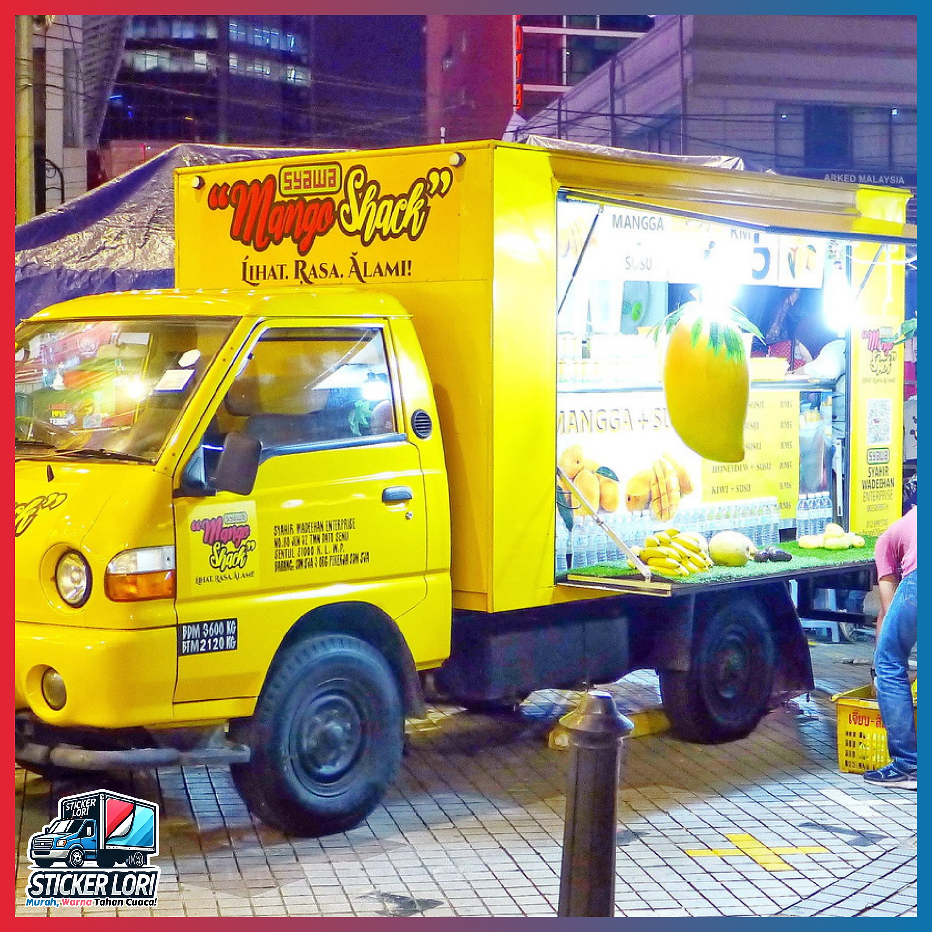 Bright yellow food truck featuring a bold sticker lorry design for a mango dessert brand, showcasing vibrant visuals as part of a mobile fleet installation.