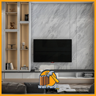 TV wall panel design with marble and wood fluted patterns