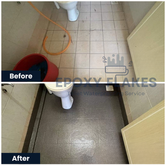 Cured epoxy flake coating showing seamless waterproof finish in a Malaysian bathroom.
