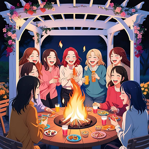 Anime ladies around a fire table with snacks and d rinks, under a white pergola with flowe