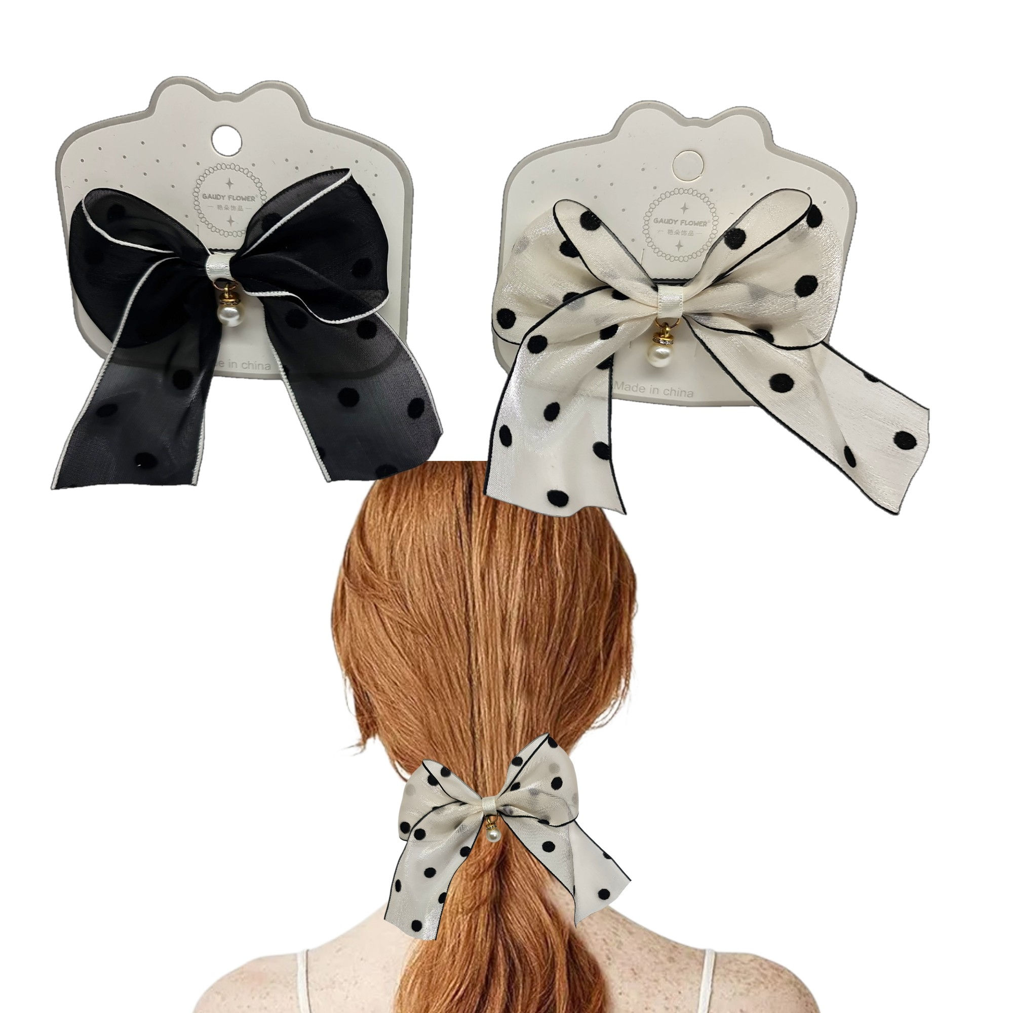 Moños Lazos de tul lunares con dije de perla pico 9cm C/U.