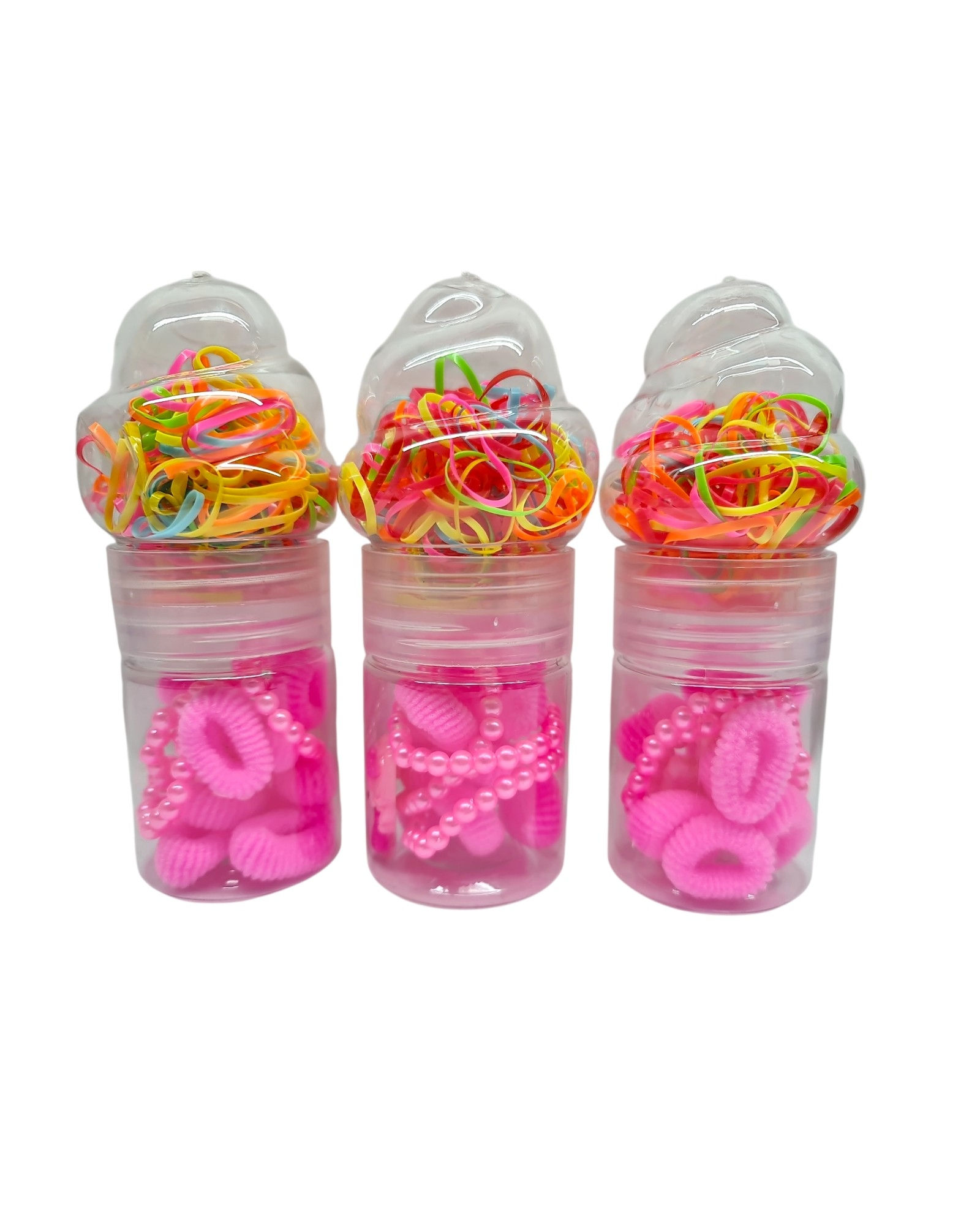 Set de nenas Colitas Gomitas para pelo + Collar perla Frasco