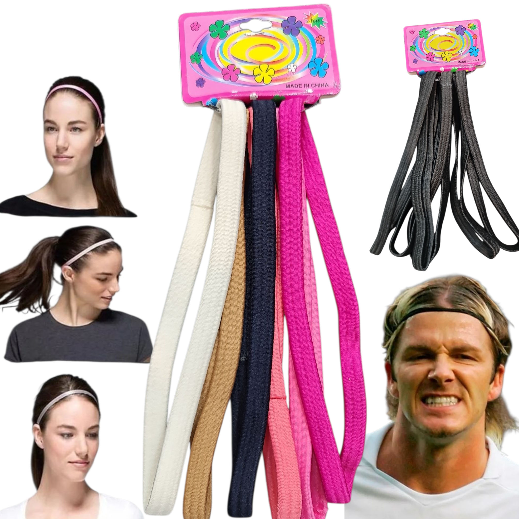 Vinchas elásticas deportivas 6 negro 6 colores surtidos Pack 12Unds.
