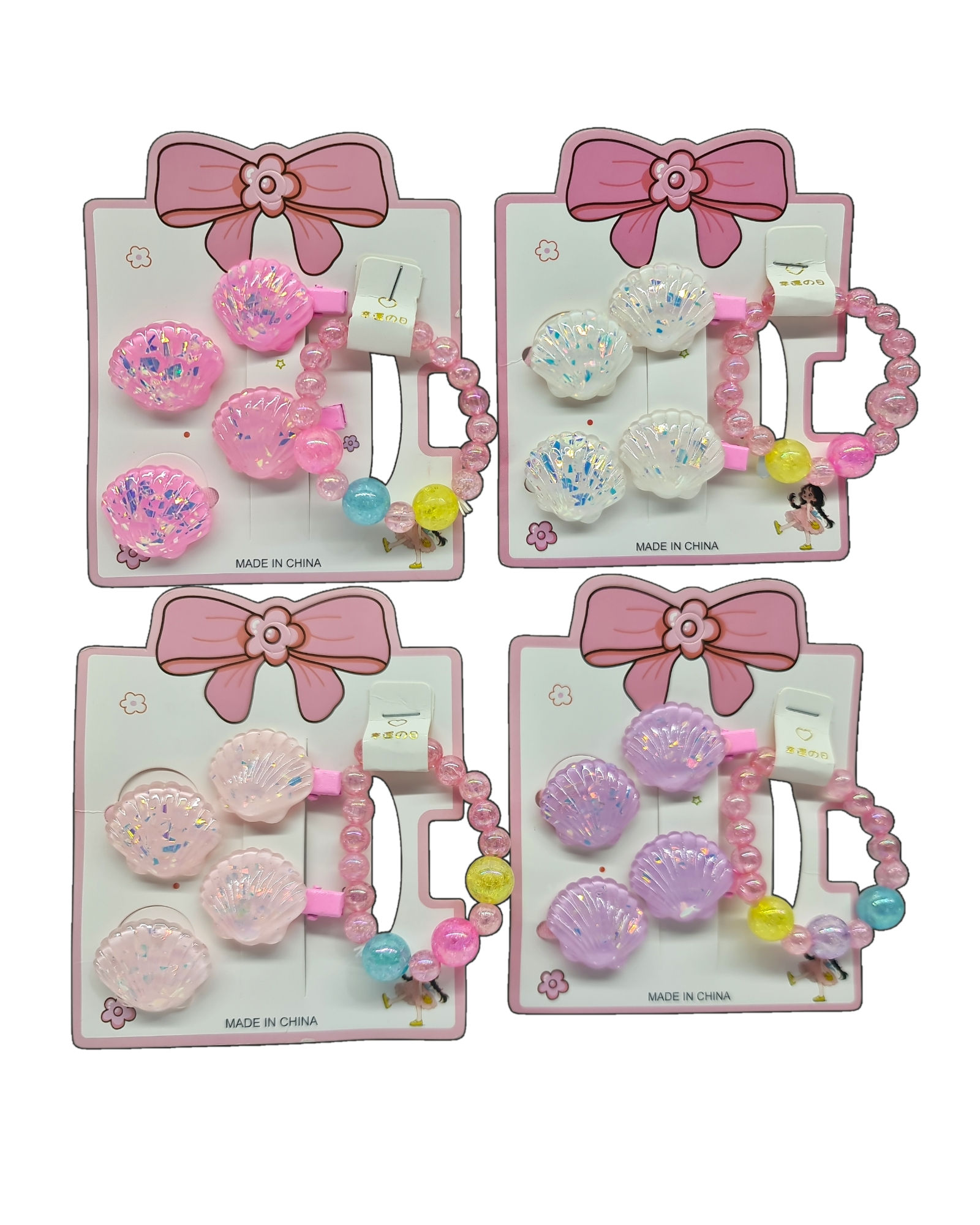 Set de nena Colitas + Hebillas pico con aplique + pulsera Blister