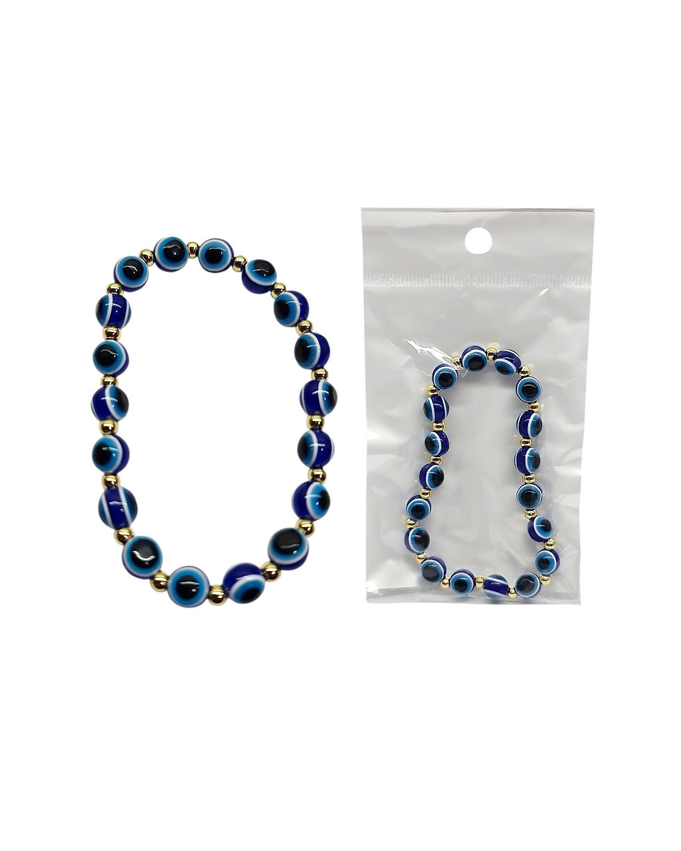 Miniatura: Pulseras elastizadas con el ojo turco y pelotitas doradas C/U.