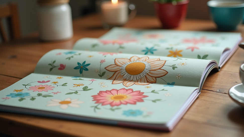 High angle view of a family scrapbook with colorful decorations