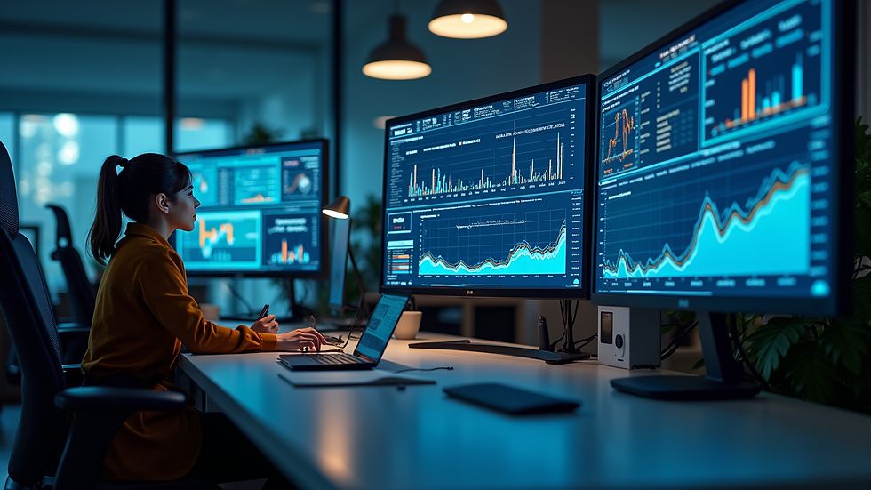 Eye-level view of a modern office workspace with multiple screens showing data analytics