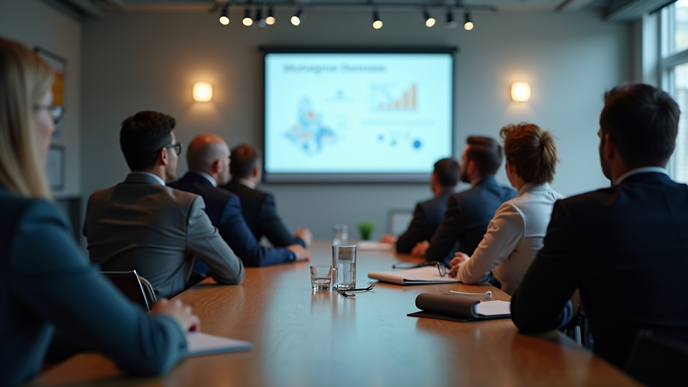 Eye-level view of a digital marketing workshop with a focus on a presentation screen