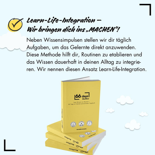 Abbildung vom Buch 66days-Journal "Resilienz" und Darstellung von zusätzlichen Produkteigenschaften (Wir bringen dich ins "Machen")