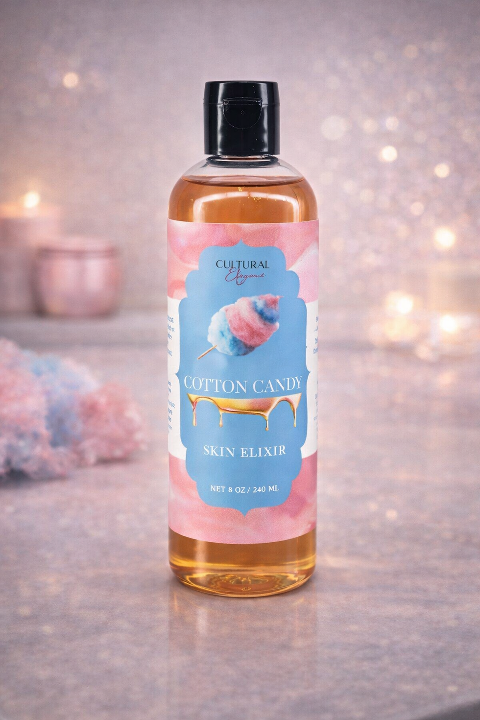 A sweet cotton candy fragrance blended with vanilla sugar in a silky, non-greasy Skin Elixir body oil
