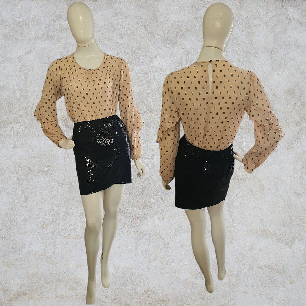 Dupla "Brilho Sutil": Blusa Estampada e Saia Paetê