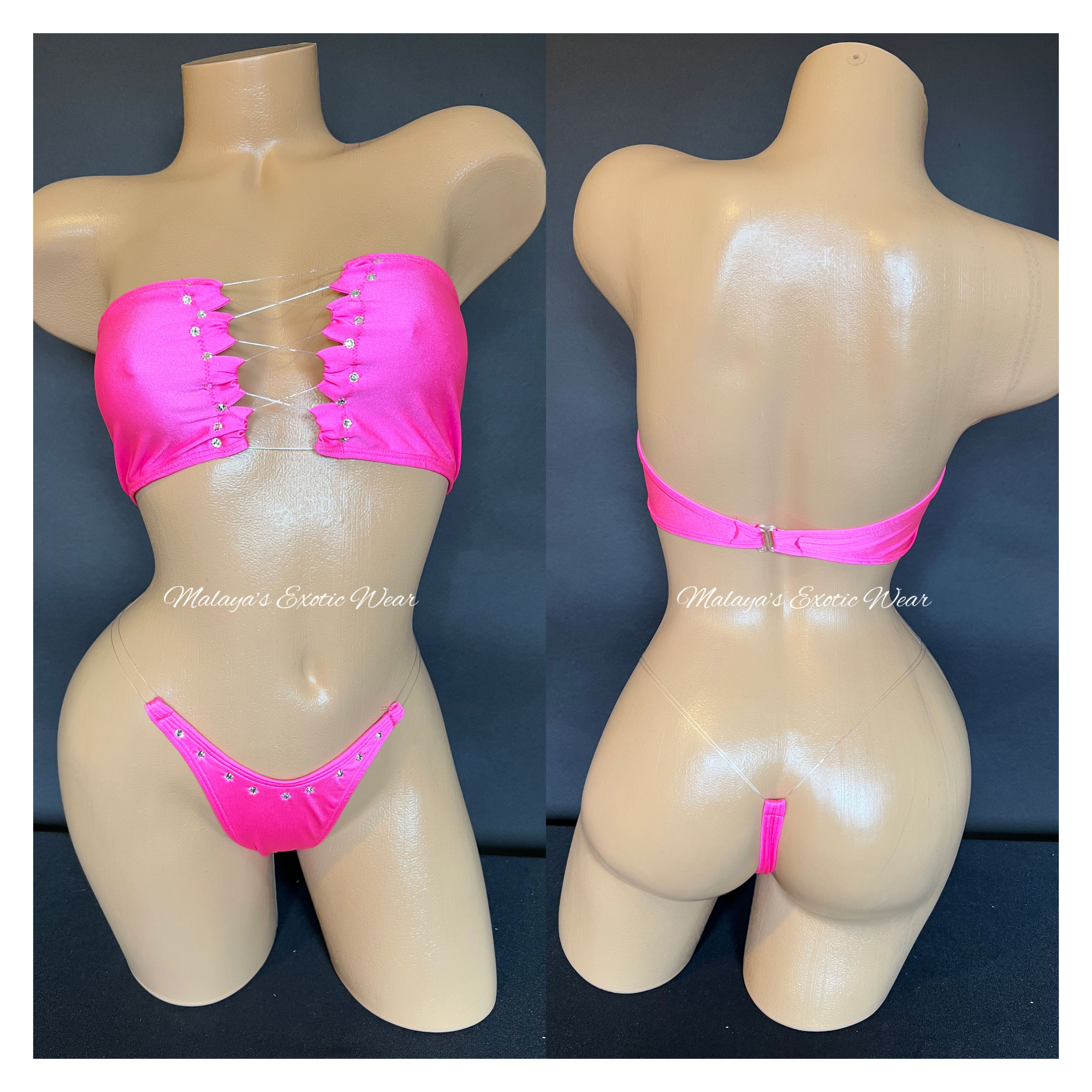 Sexy Bikini - Bandeau Invisible Rhinestone Bikini - Hot Pink