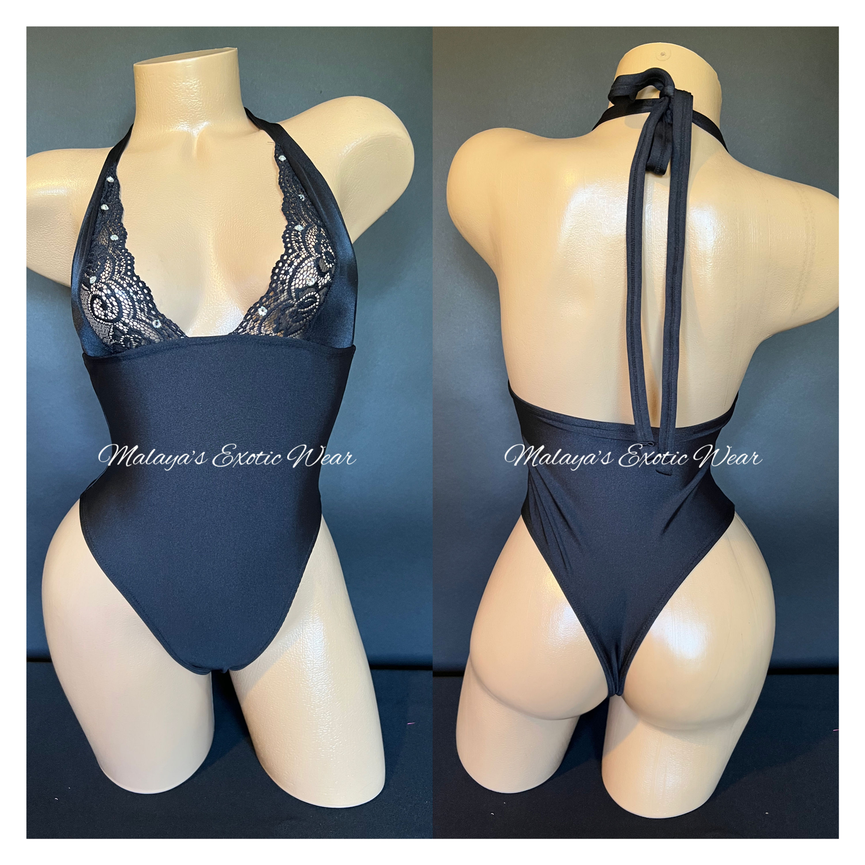 Sexy Bodysuit - Lace Rhinestone Bodysuit - Black