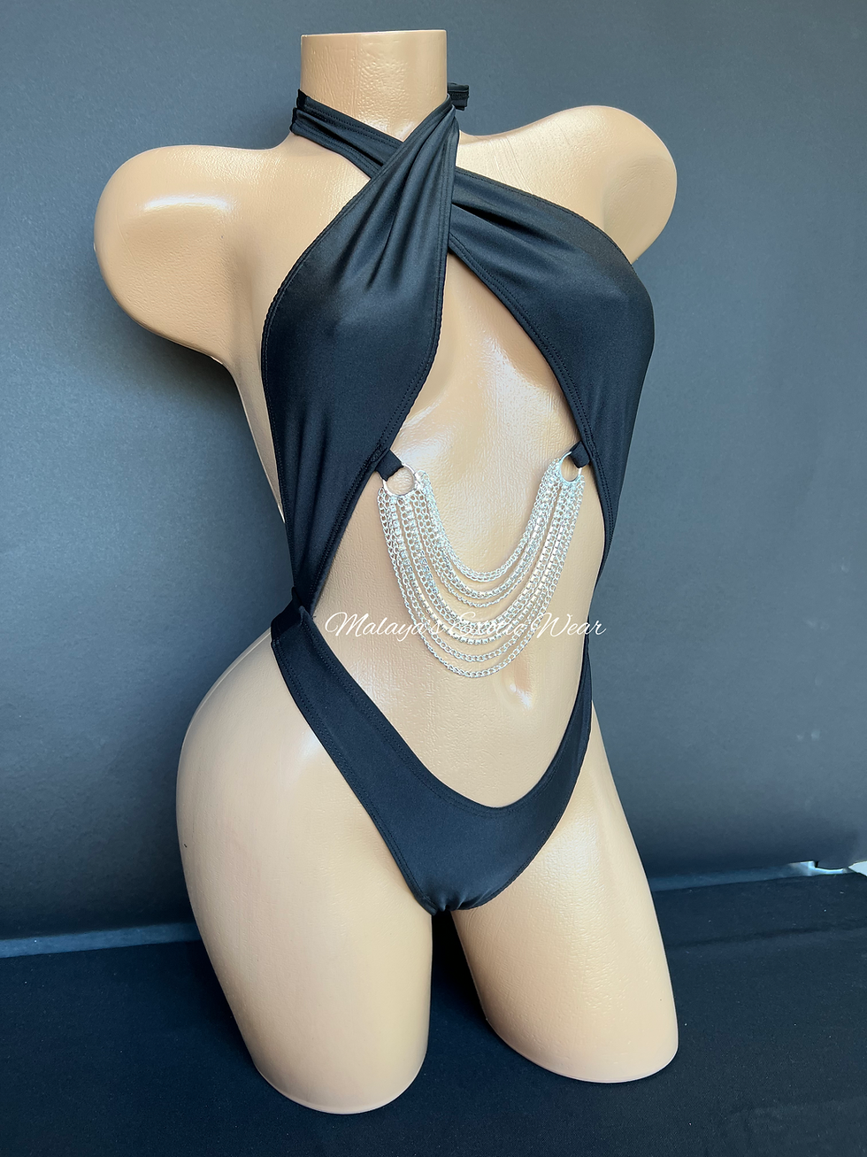 Thumbnail: Sexy Bodysuit - Scarf Rhinestones & Chains Bodysuit - Black