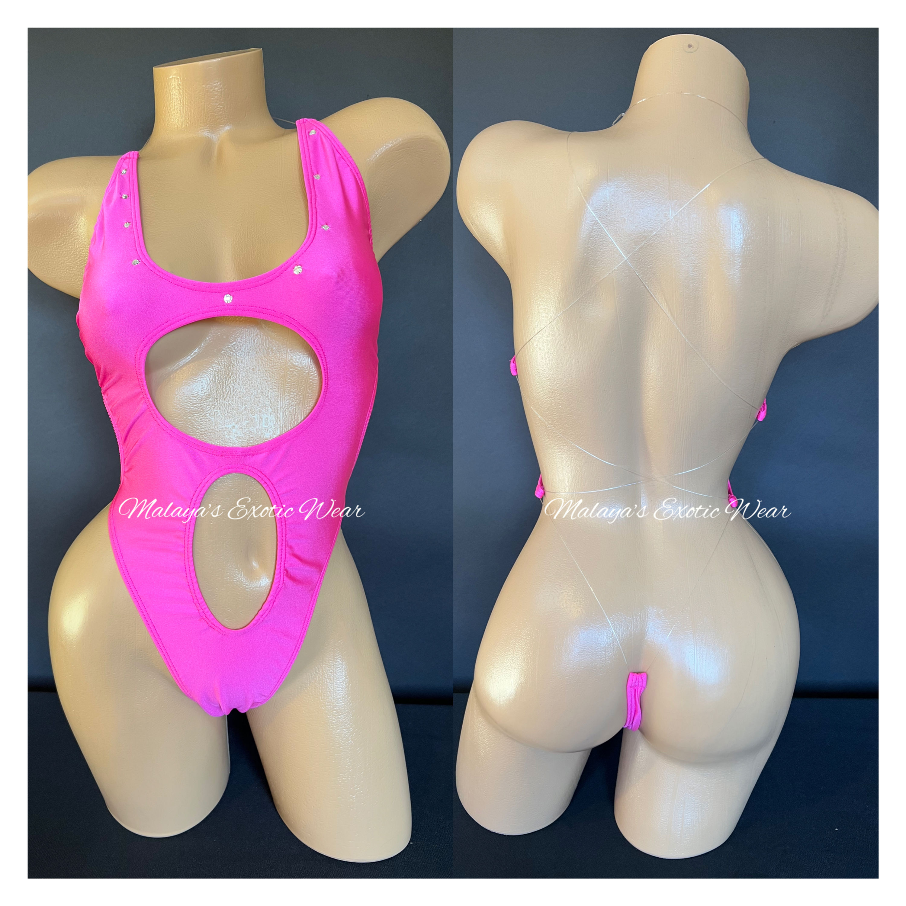 Sexy Bodysuit - Invisible Rhinestone Cut Out Bodysuit - Pink