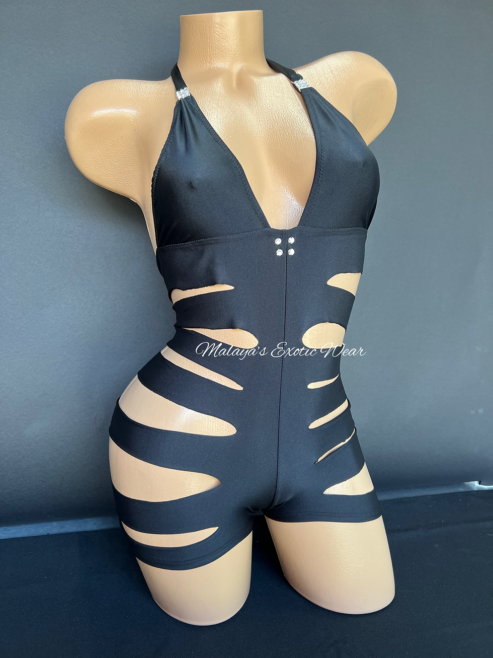 Thumbnail: Sexy Bodysuit - Sliced Rhinestone Bodysuit - Black