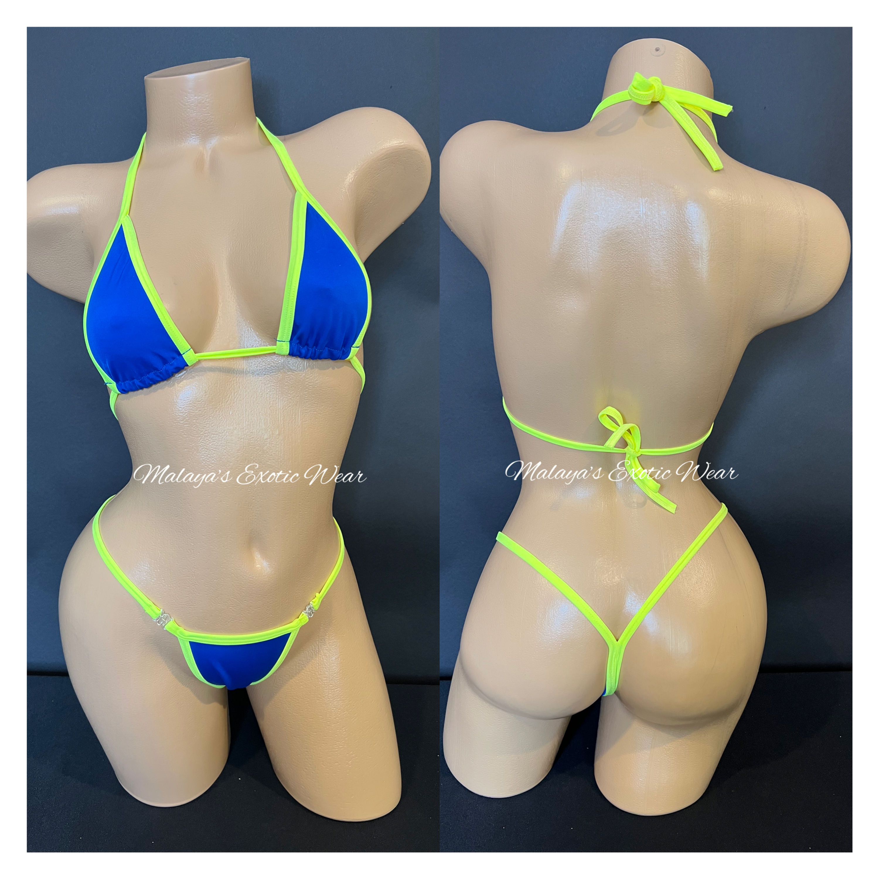 Blue & Neon Yellow Teeny Clip Sides Sexy Thong Bikini