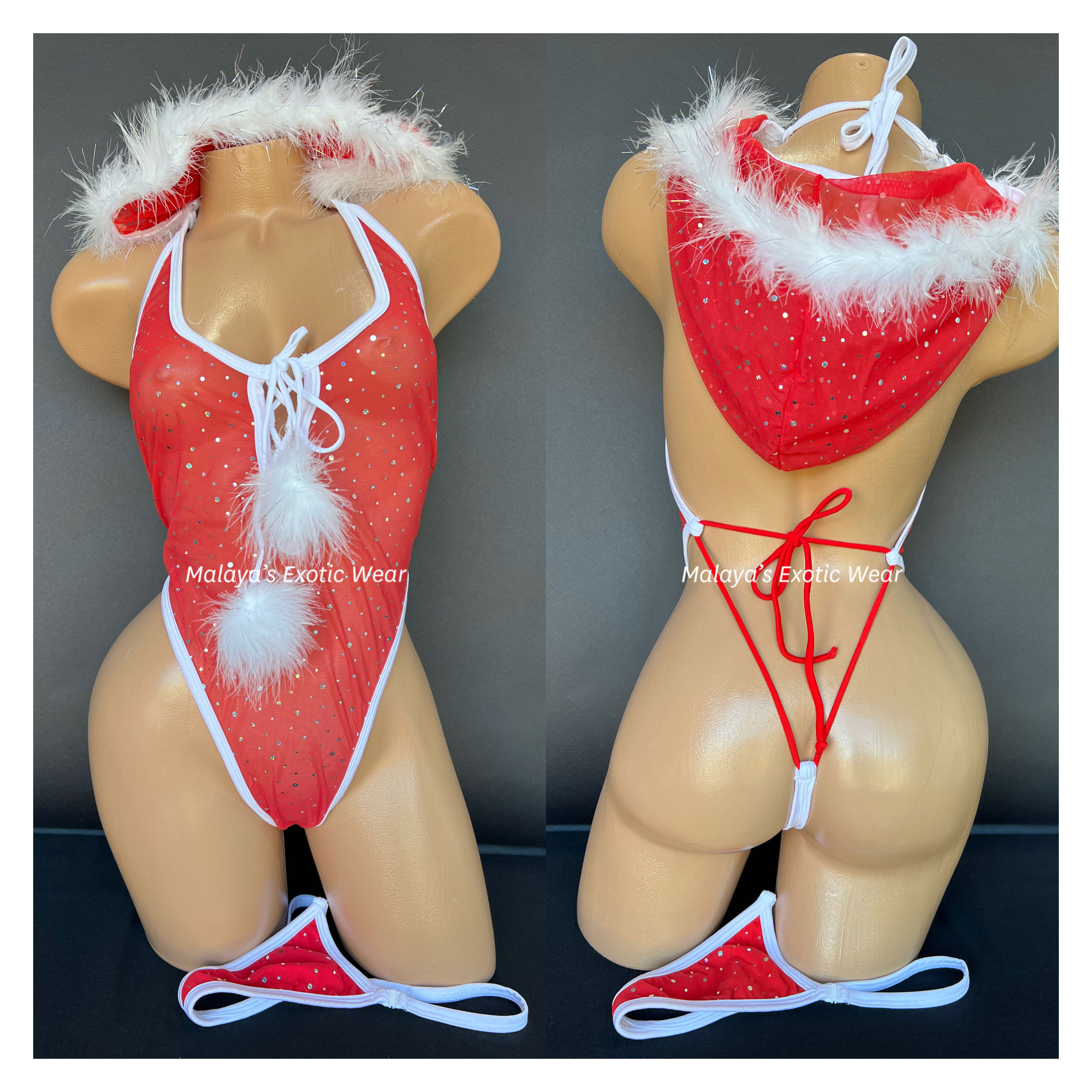 Sexy Bodysuit - Mesh Hooded Bodysuit and Thong - Red