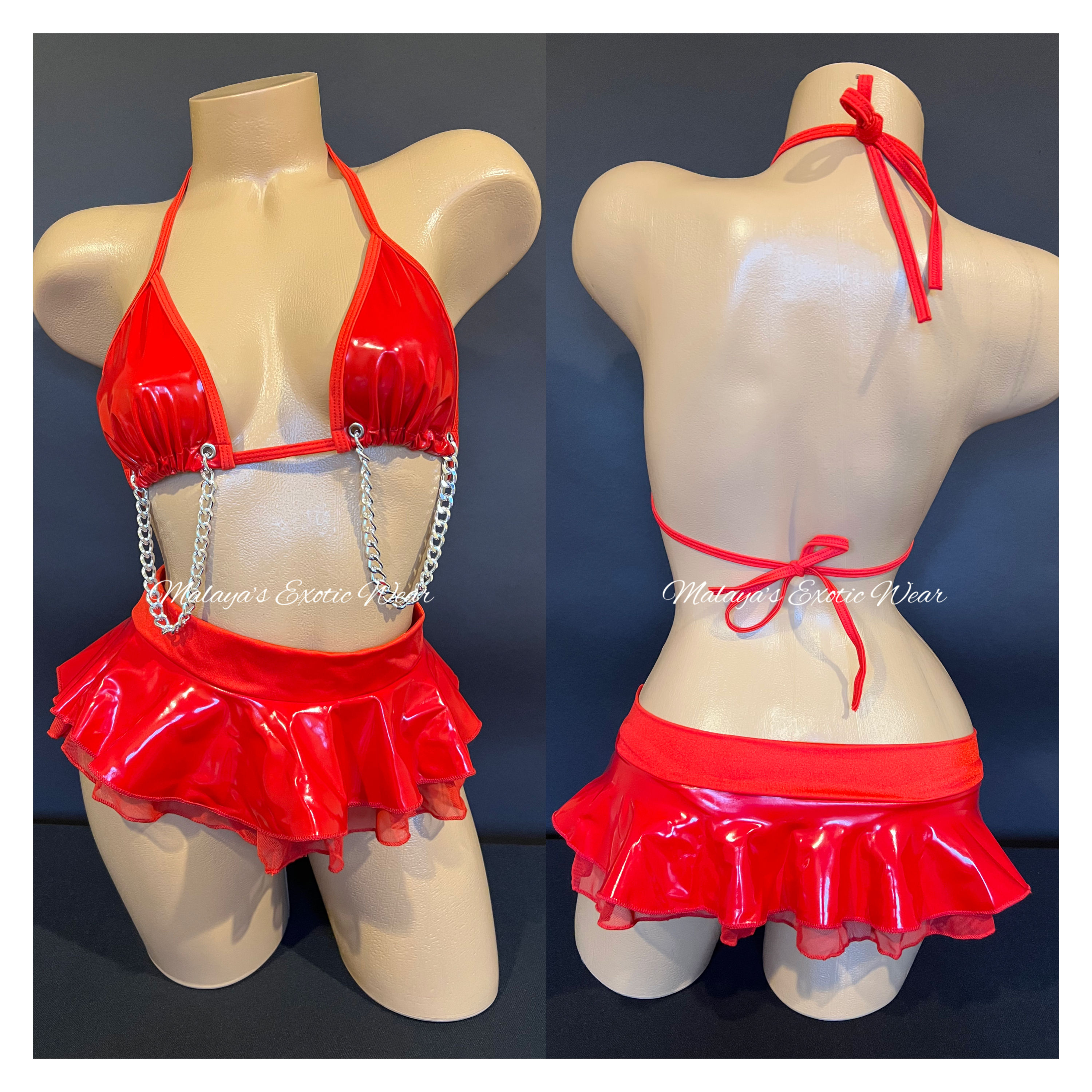 Sexy Skirt Set - Wet Look Chained Ruffle Skirt Set - Red