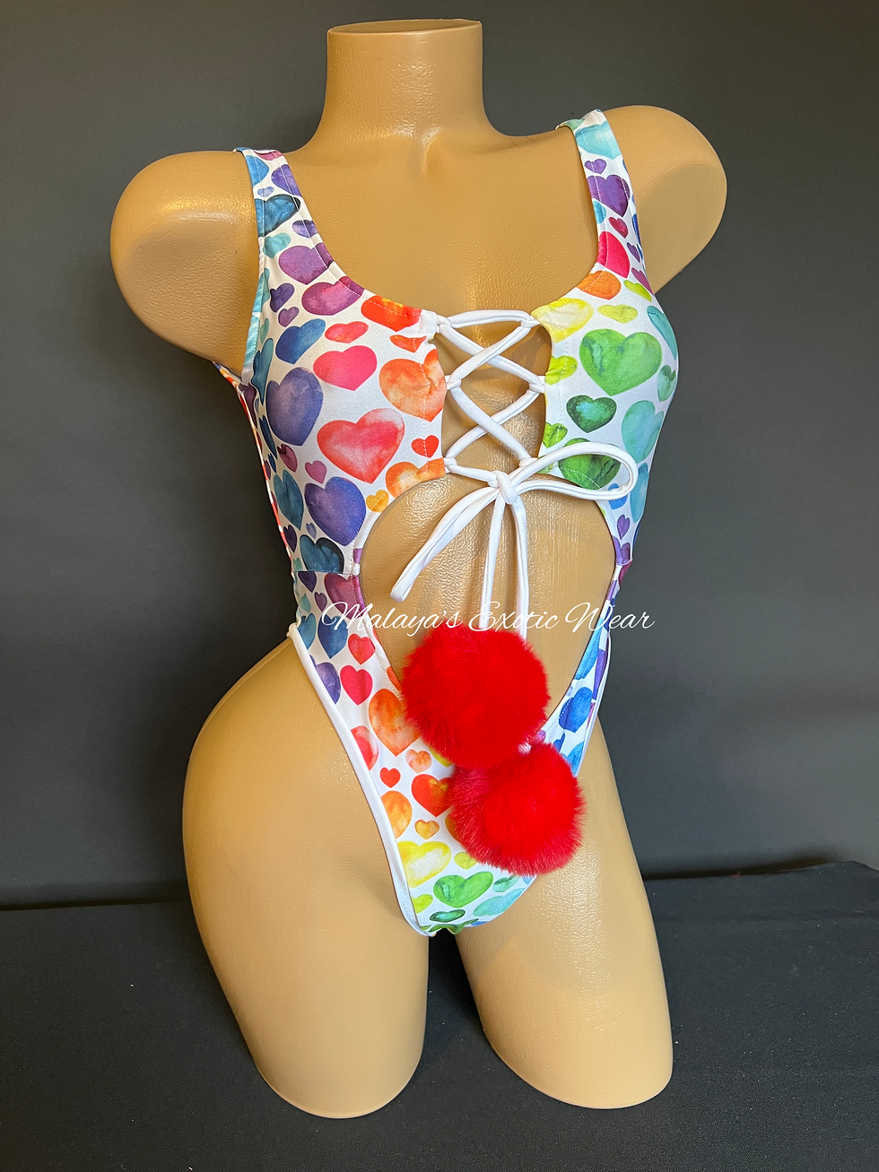 Thumbnail: Sexy Bodysuit - Pom Pom Lace Up Bodysuit - Multicolor Hearts