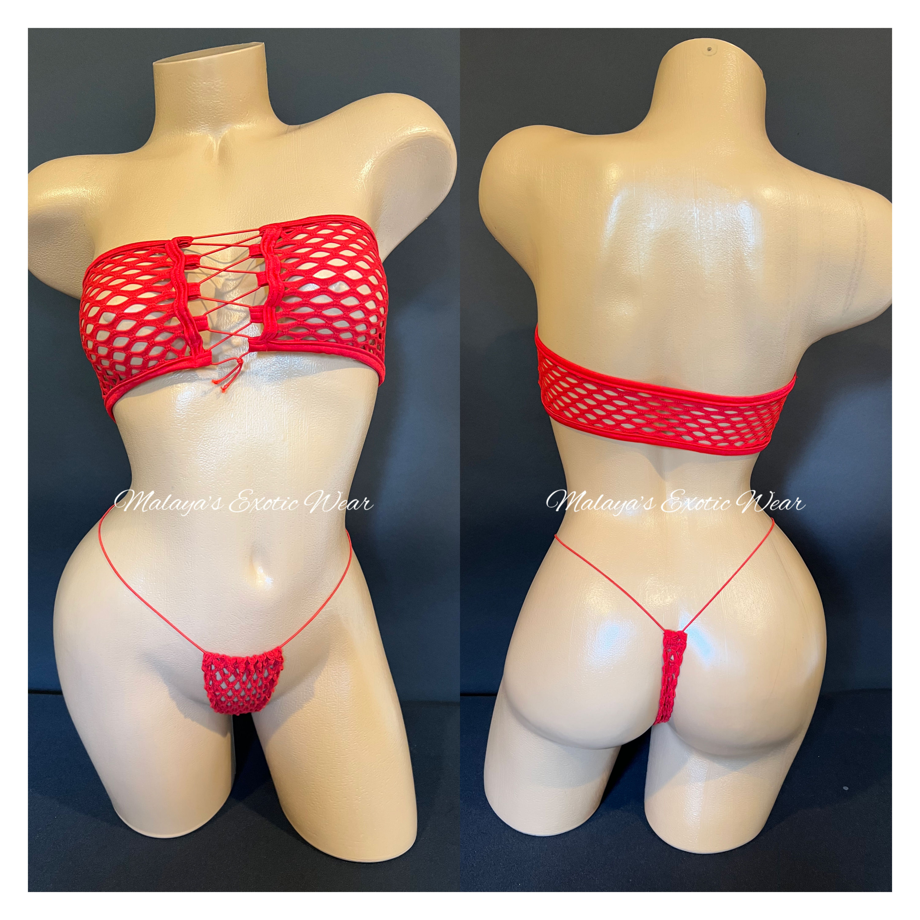 Sexy Bikini - Bandeau Net Elastic Cord Thong Bikini - Red