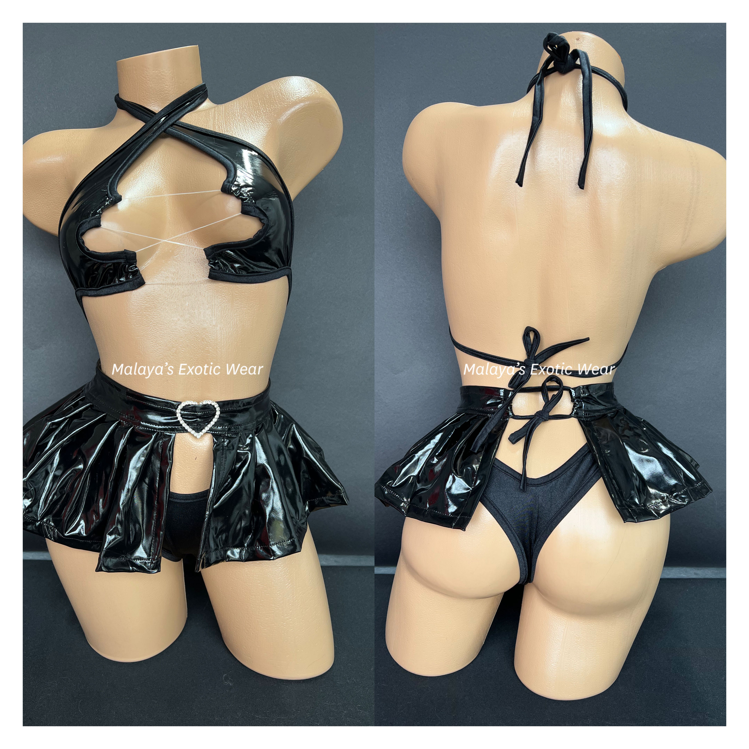 Sexy Skirt Set - 3 Piece Latex Peek A Boo Skirt Set - Black